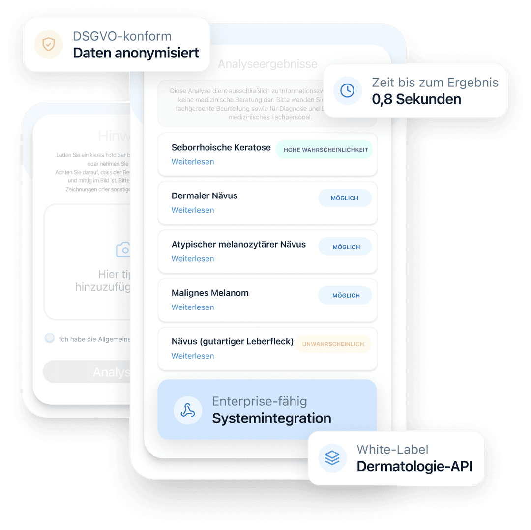 KI-Dermatologie-API-Oberfläche mit Upload eines Hautbildes und anschließenden Analyseergebnissen, sortiert nach Wahrscheinlichkeit