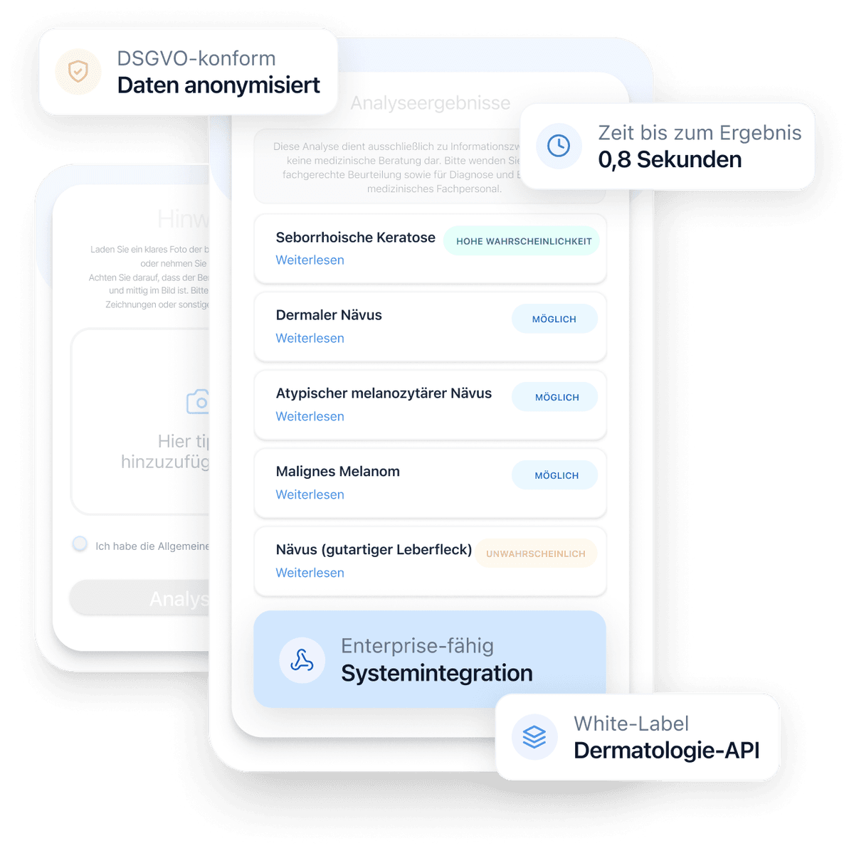 KI-Dermatologie-API-Oberfläche mit Upload eines Hautbildes und anschließenden Analyseergebnissen, sortiert nach Wahrscheinlichkeit